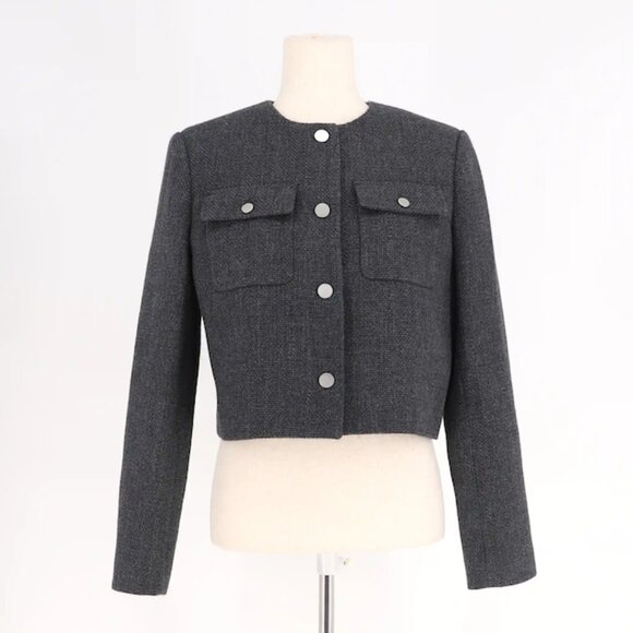 THEORY Tweed Cardigan Jacket Slightly Crop Relaxed Fit Charcoal Melange Size 6 - Picture 3 of 8